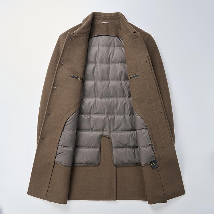 Winter thickened down lining woolen mid-length double-sided wool men's middle-aged lapel coat woolen coat detachable