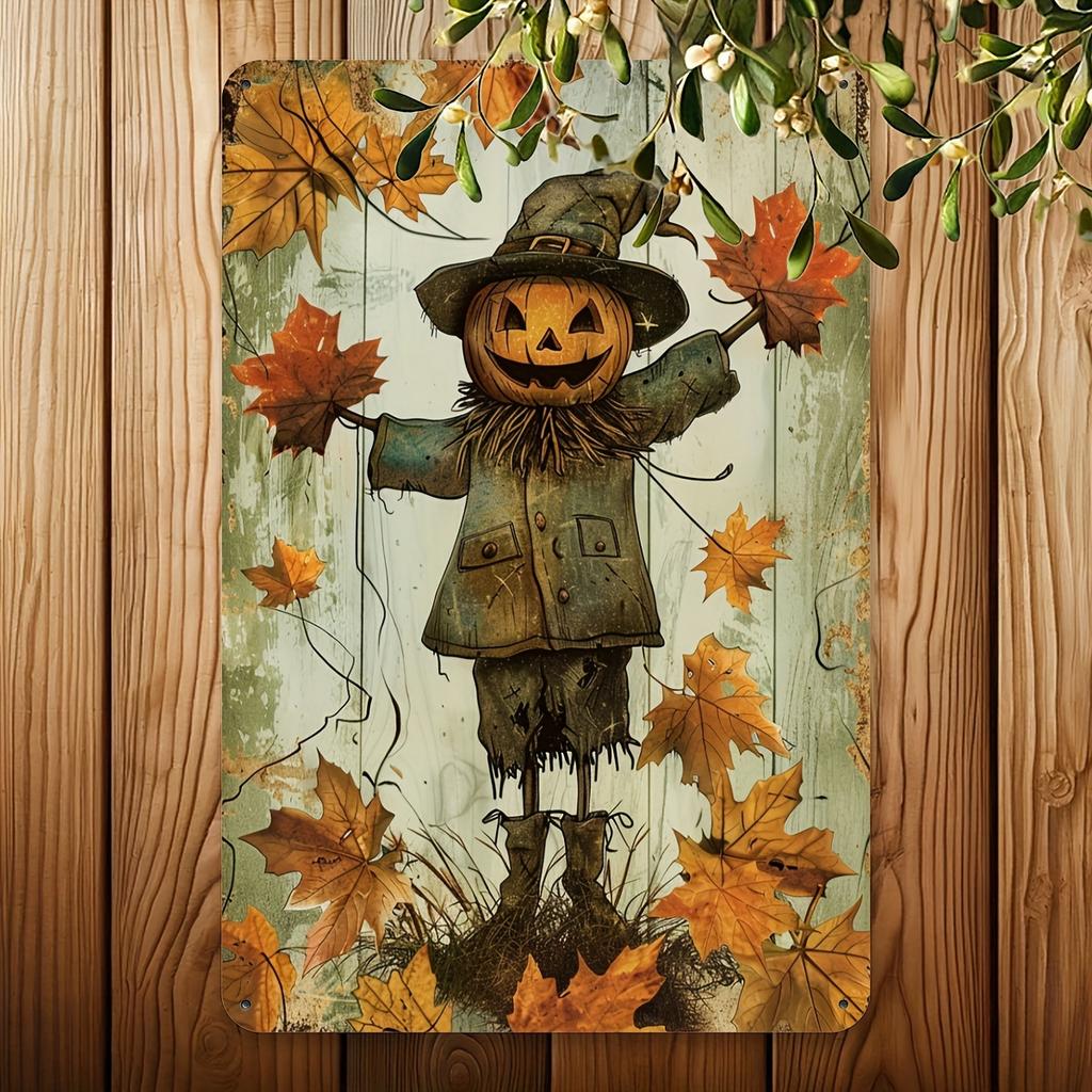 Vintage Pumpkin Scarecrow Metal Tin Sign - 8x12 Inch | Perfect for Gym, Cafe, Garage, Home & Garden Decor