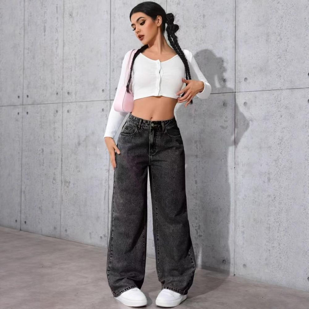 Damen Jeans mit hoher Taille und geradem Bein, Lockere Wide Leg Jeans aus Denim, Säuregewaschen Hellblau Dehnbare Jeans mit Taschen, Lässige Büro-Arbeitshosen