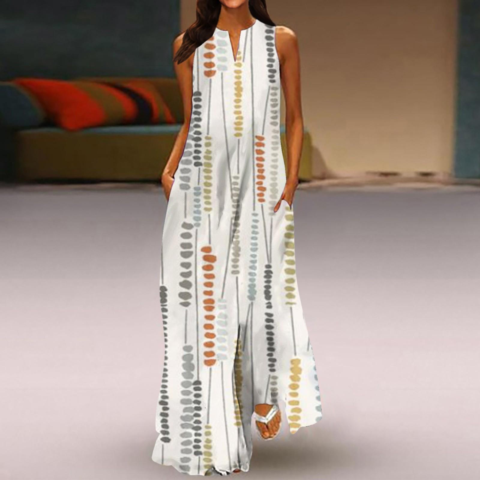 

Women s New Spring And Summer Fashion V-neck Color Printing Sleeveless Long Dress XXXXL бежевый