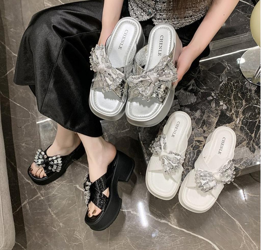Crystal Bow Women Slippers Luxury Platform Flip Flops Shoes 2025 Summer Dress Fashion Slingback Sandals Trend Slides Femme