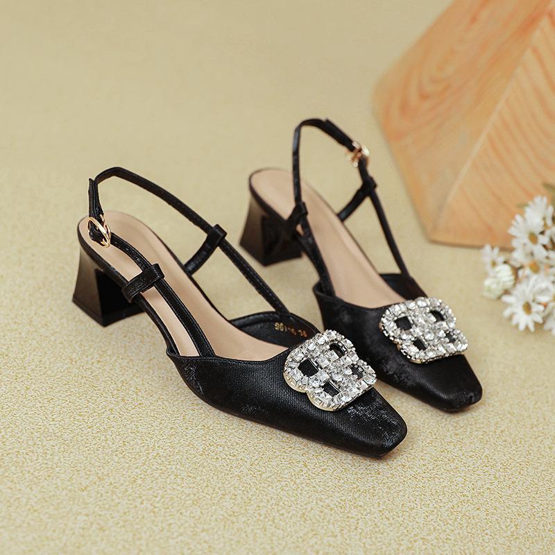 One-word buckle with bag head sandals women's summer 2025 new mid-heel single shoes fashionable green back empty high heels thick heel