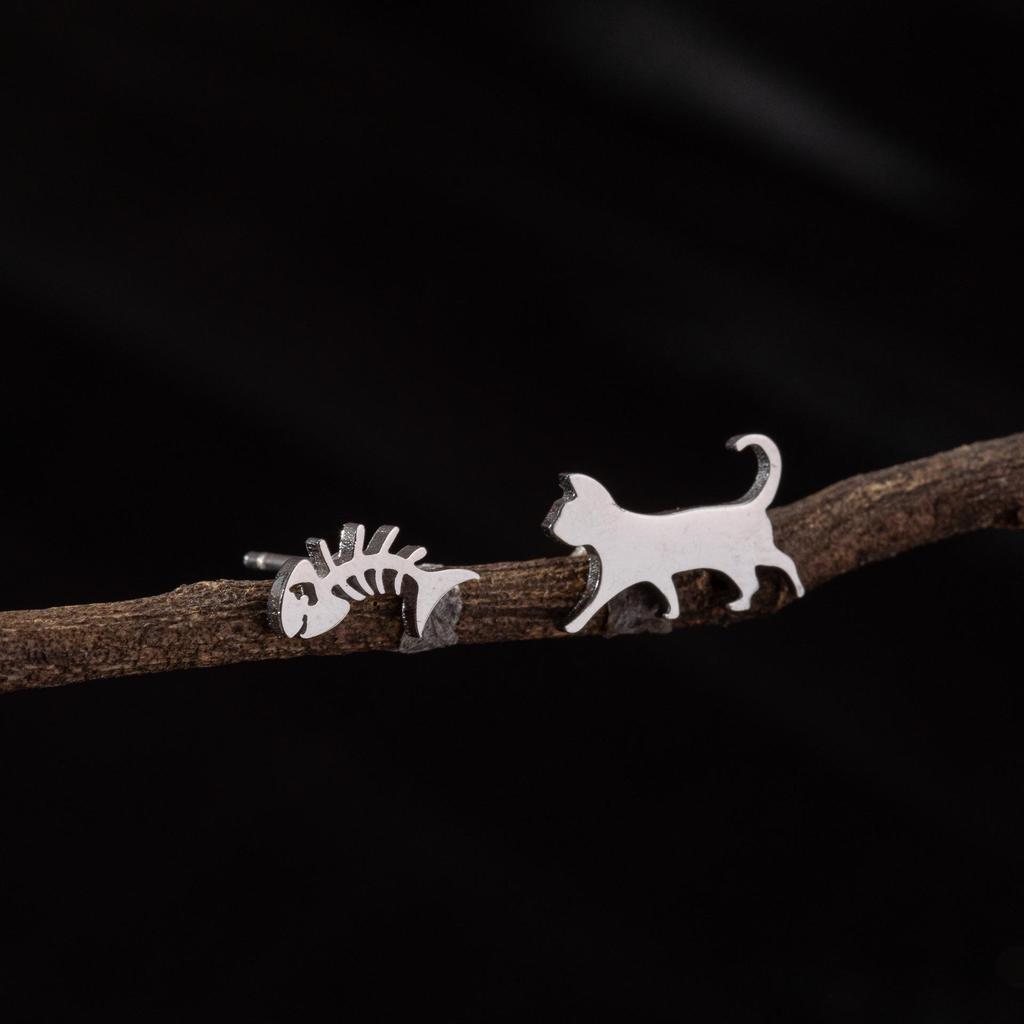 Japanese & Korean Style Asymmetrical Fish Bone Cat Earrings for Girls - Stainless Steel Niche Design
