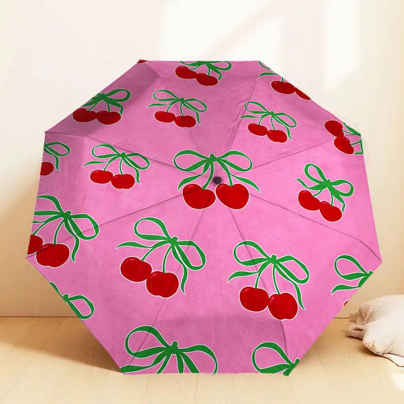 

1 шт. Парасолька з візерунком «Вишні та бант», Автоматичне відкриття та закриття, Високоякісна дорожня парасолька, c1128065
