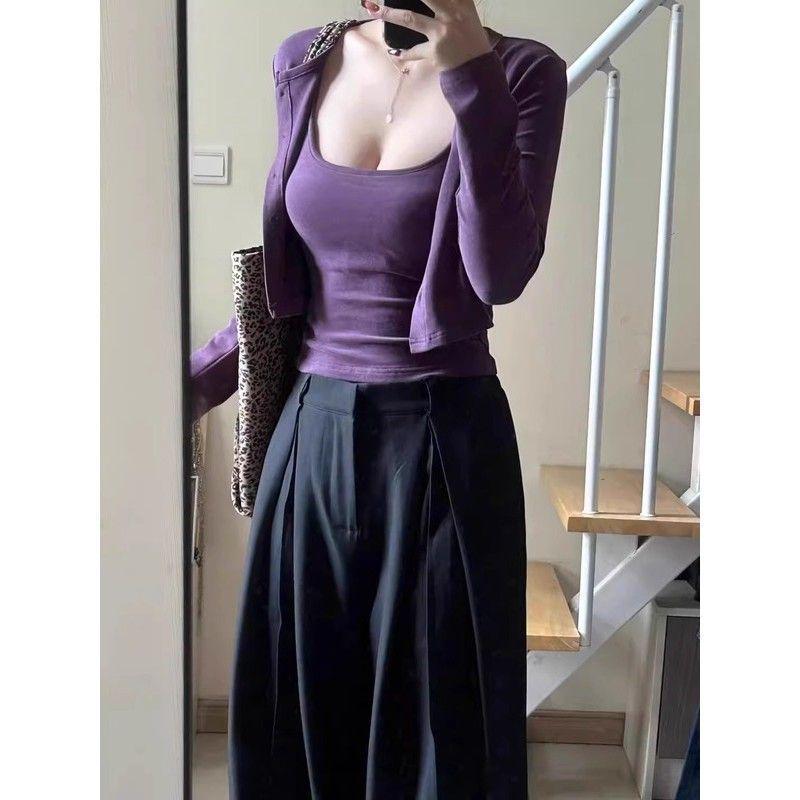 Early Spring Purple Cotton Two-Piece: Sleeveless Camisole & Slimming Long Sleeve Cardigan for Women