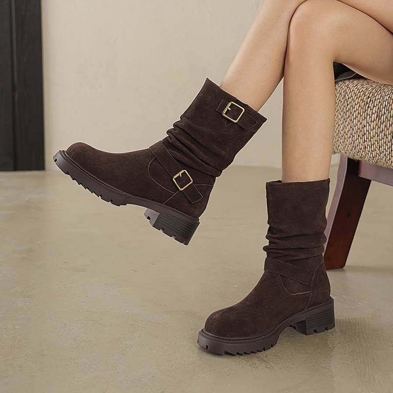 Krazing Pot Cow Suede Nubuck Winter Round Toe Western Boots Med Heels Slip On Metal Buckles Women Mid-calf Boots