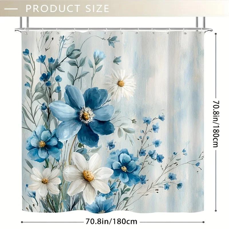 

1Pc Blue & White Floral Shower Curtain , Polyester, 12 Hooks, Hand Wash, Elegant Summer Bathroom Decor W60H190(CM)-1 Pcs