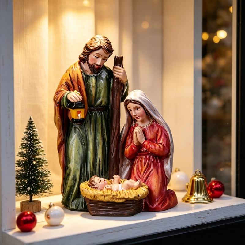 Tabletop Christmas Nativity Scene Decors, Hand-Painted Resin Holy Family Figurine for Christian Religious Mantels Shelf Church Holiday Display