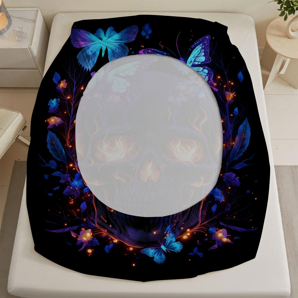 1pc Gothic Purple Skull Print Fitted Sheet 100% Polyester Durable Bedding Set Sheet for Home Bedroom Decoration Birthday Gift