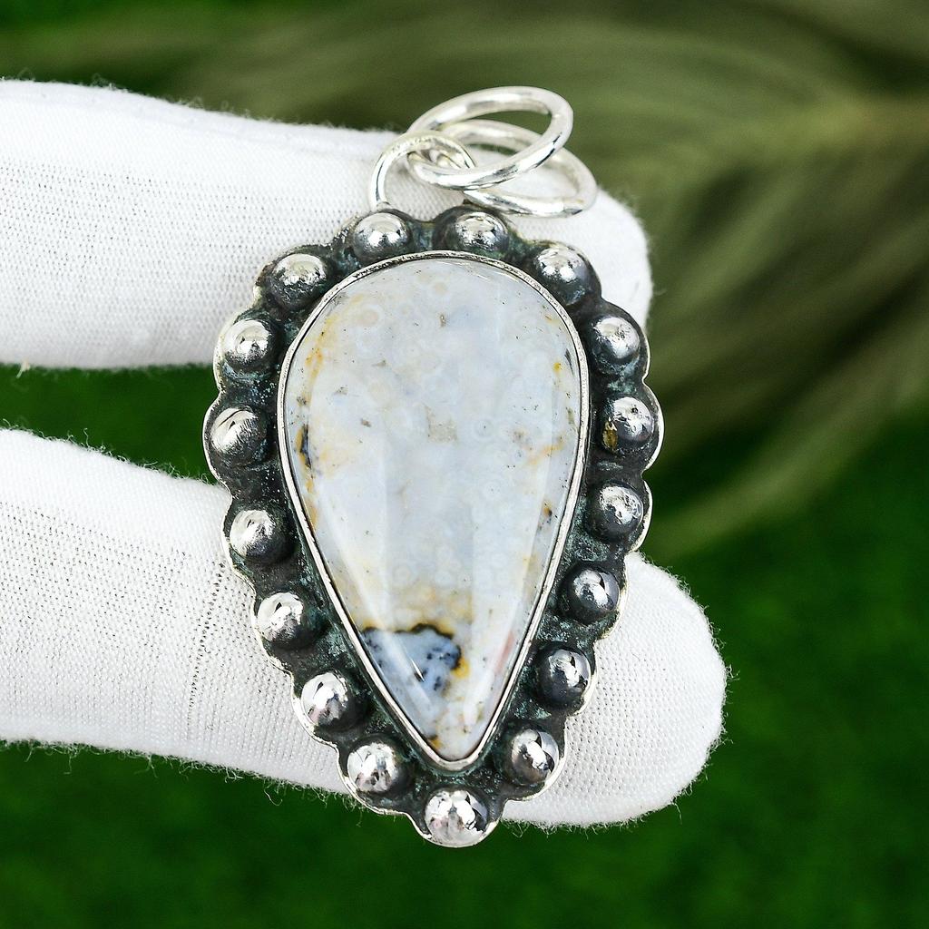 Pear Ocean Jasper Gemstone Boho Artisan Bezel Pendant Jewelry Sterling Silver