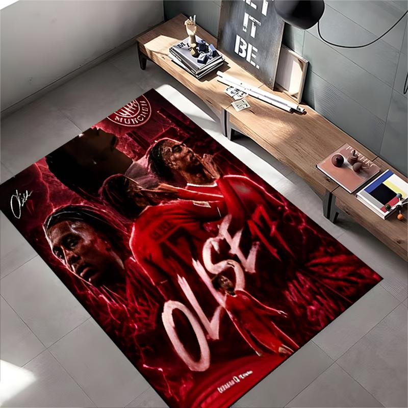 Soccer Star Area Rug, Michael Olise Bayern 17 Red Celebration Collage Signature Print, Football Fan Decor, Non-Slip Mat