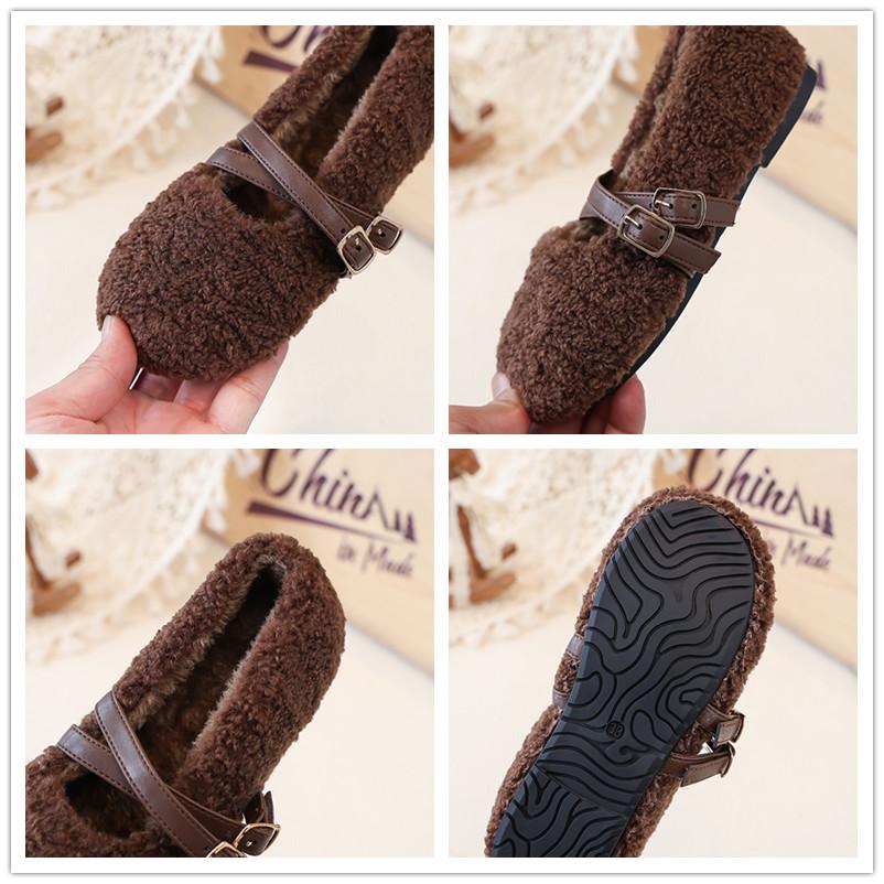 Toddler Girls Strappy Fuzzy Flats New Winter Kids Ballet Flats Soft Sole Non-slip Elegant Retro Girls School Party Shoes
