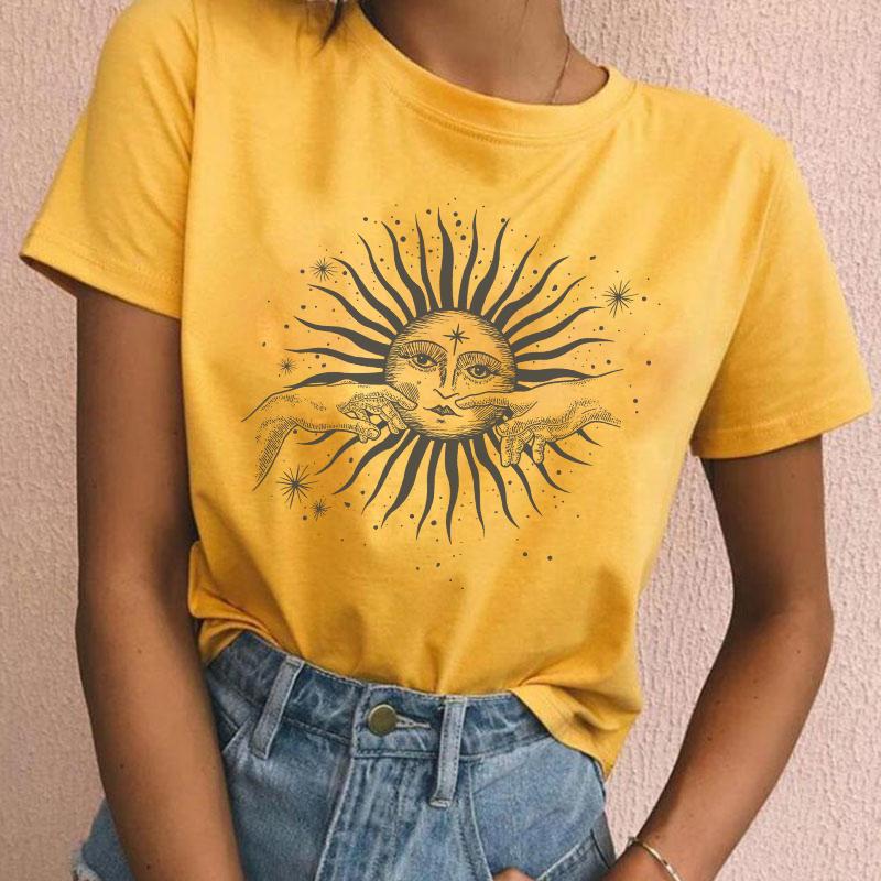 Boho Style Vintage Sun Hands Print Tshirts Women Summer Casual Loose Short Sleeve Tees Hipster Cute Aesthetic Astrology Tops