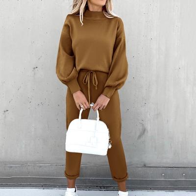 Autumn and Winter Women's  Casual Solid Color Sweater Suit High-neck Long Pants Two-piece Suit