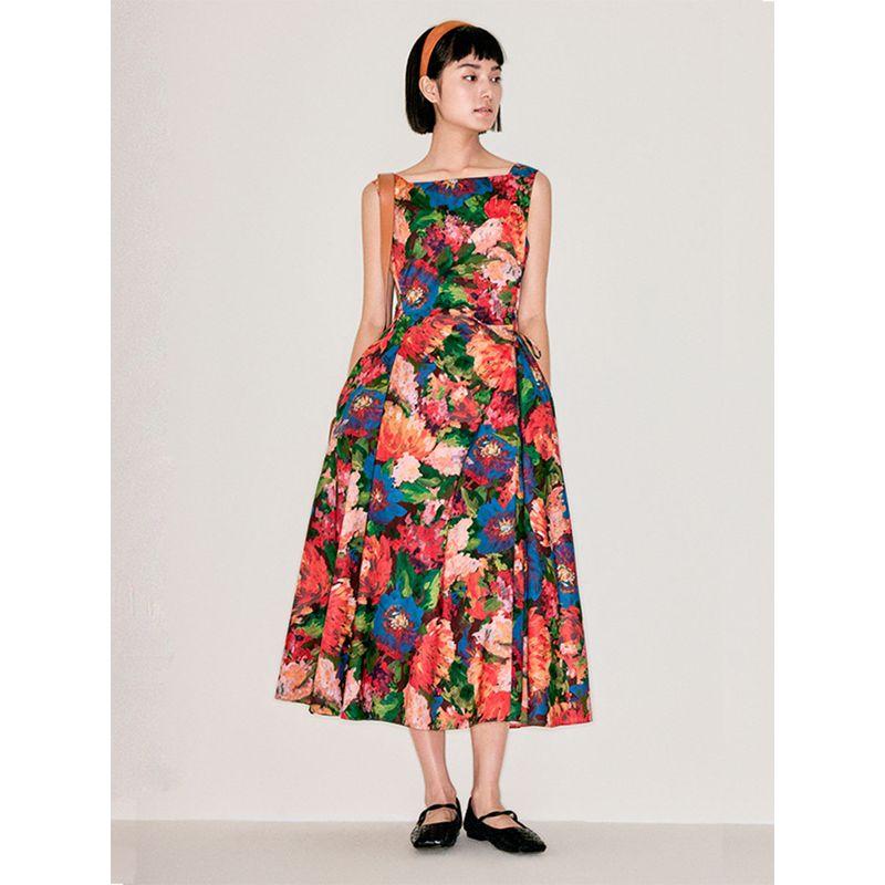 

Retro Style Tana Cotton Dress Women s Summer New Arrival Shoelace Printed Waist-Controlled Oil Painting Square Collar Vest Chinese Long Skirt Impressionist Sunset Orange Flower M