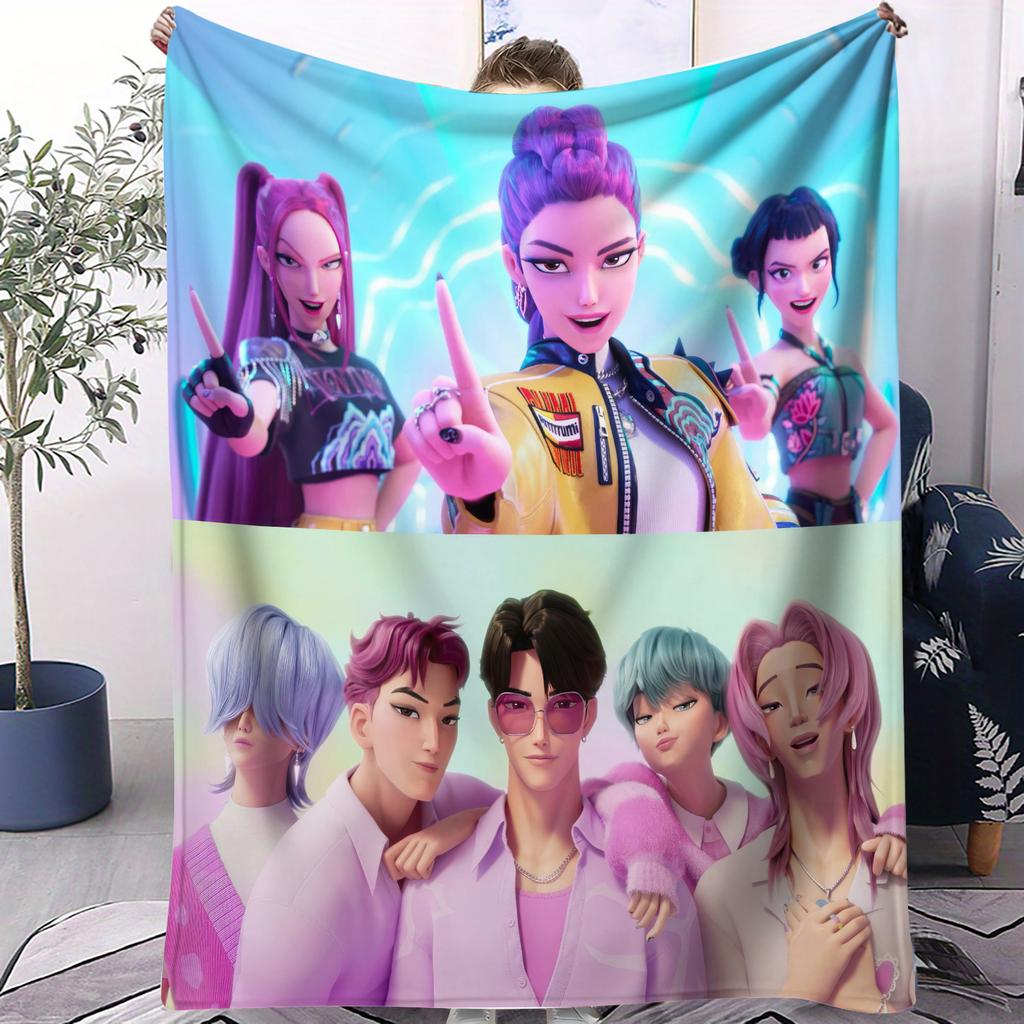 K-Pop Hot Anime Rumi & Jinu Cute CP Rujinu Print Fleece Blanket for Adult Quality Soft Warm Cozy Blanket for Travel Office Home