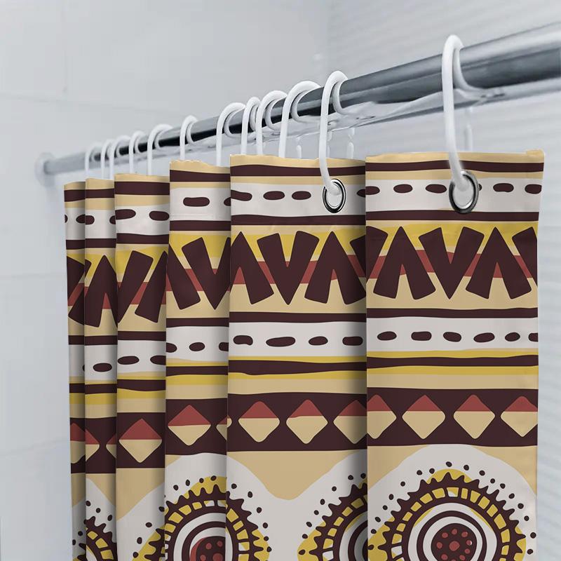 Decorative Shower Curtain With African Print Design Modern Bath Rug Decoration, Rustic Decor, Dark Beige Color, Polyester Fabric