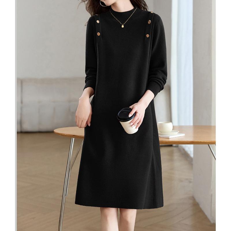 

Semi-turtleneck breasted design bottoming sweater skirt autumn and winter new temperament commuting gentle wind knitted dress One size чёрный
