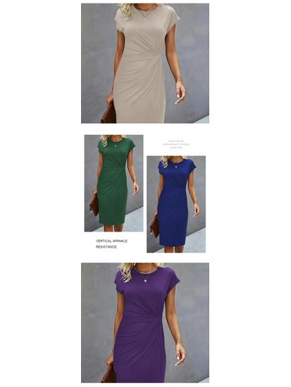 Women's Casual Bodycon Midi Dress with Front Knot and Round Neck