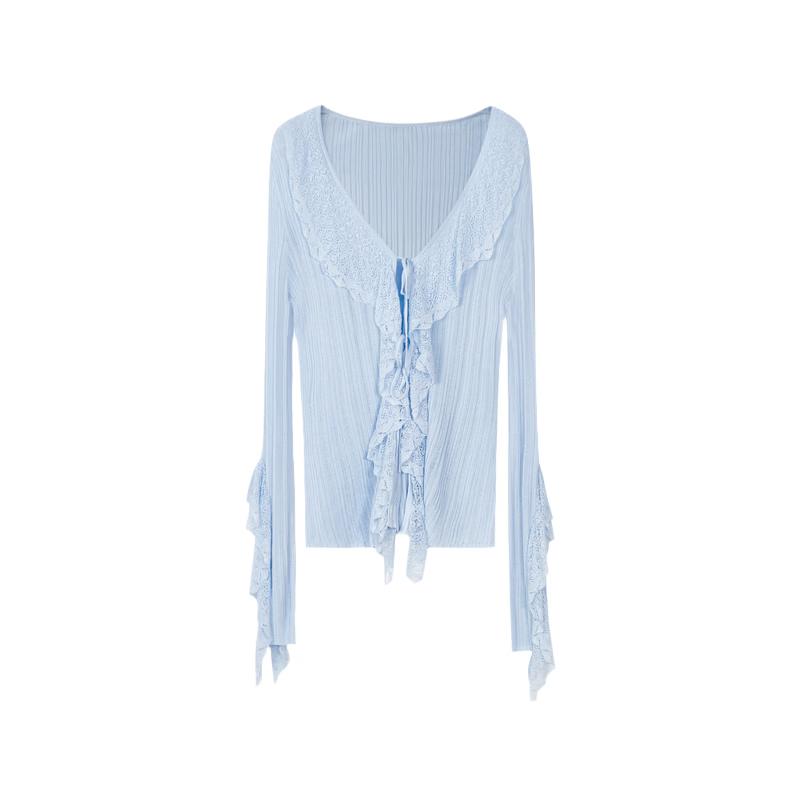 V-Neck Ruffle Lace Knit Cardigan L