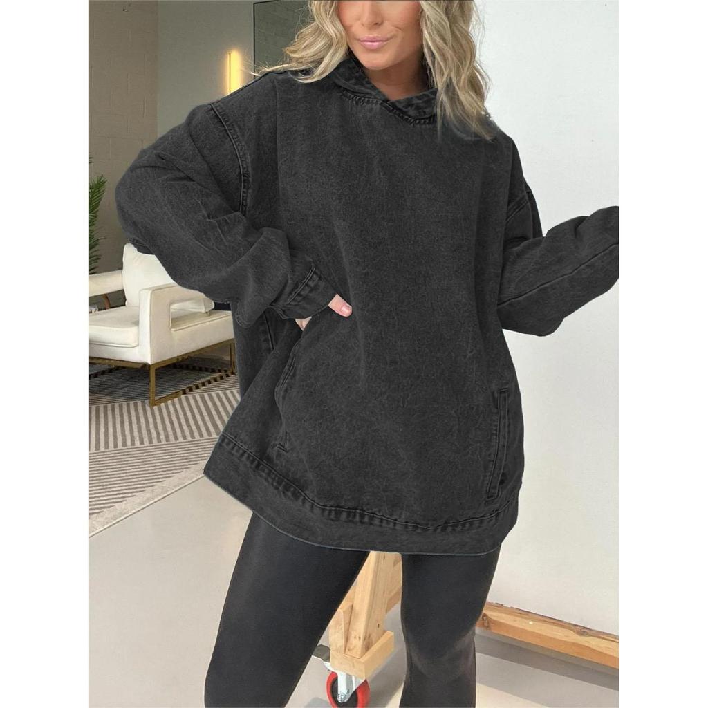 Denim Hoodie Women Sweatshirt Pullover Hooded Y2k Tops Distressed Washed Loose Spring Streetwear