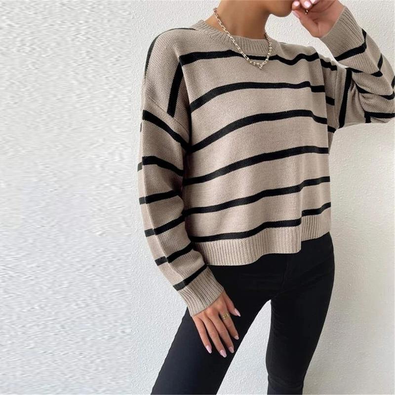 

Осень и зима Женский свободный круглый вырез с длинным рукавом полосатый вязаный свитер пуловер Топ XL хаки