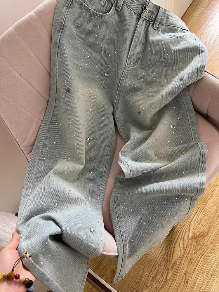 Women's 2025 Light Blue Rhinestone High-Waisted Wide-Leg Jeans