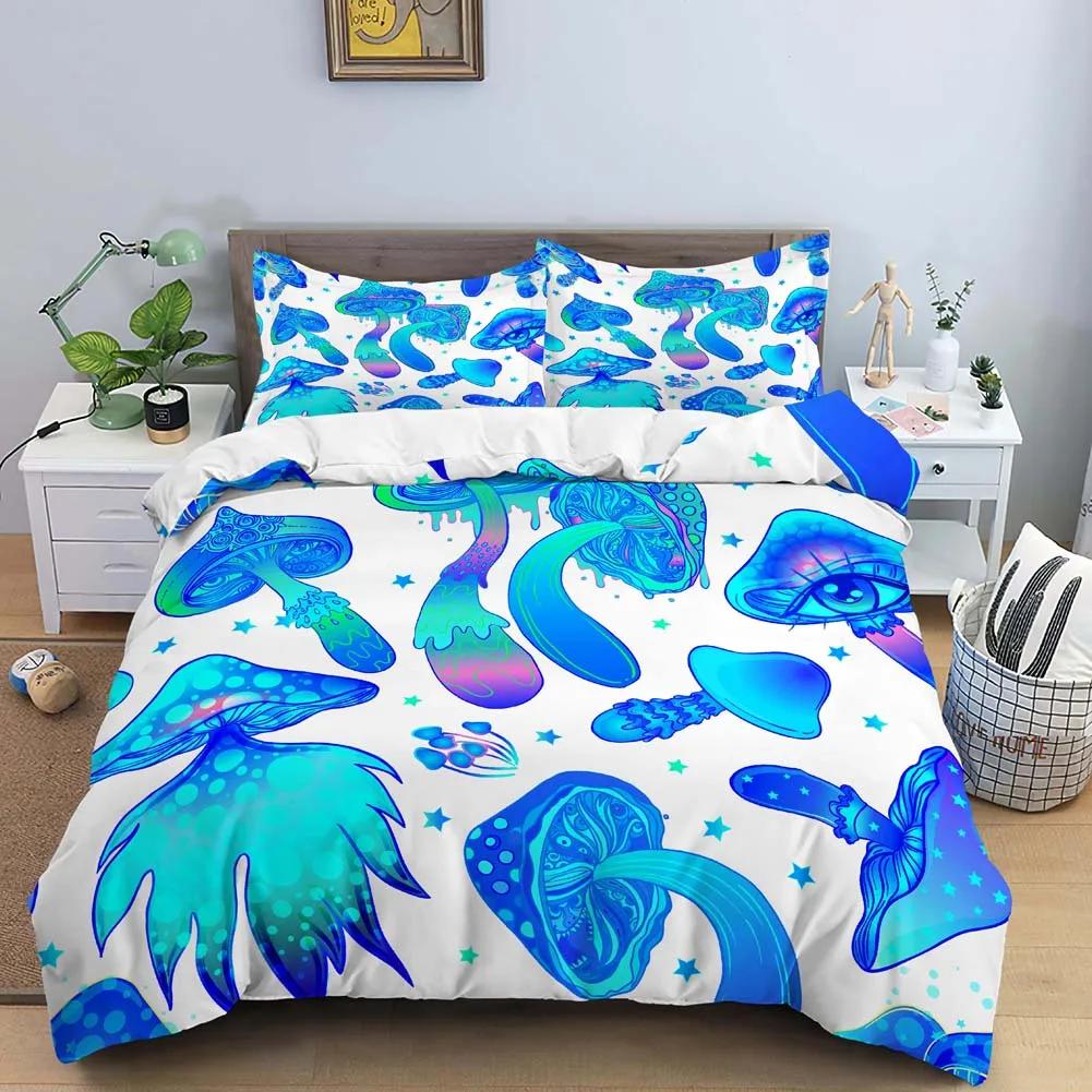 Blue Purple Beding Mushrom Soft Duvet Cover Set Fantasy Galaxy Sky Mushrom Design Psychedelic Young Boys Young Girls Gifts Bedrom Decoration