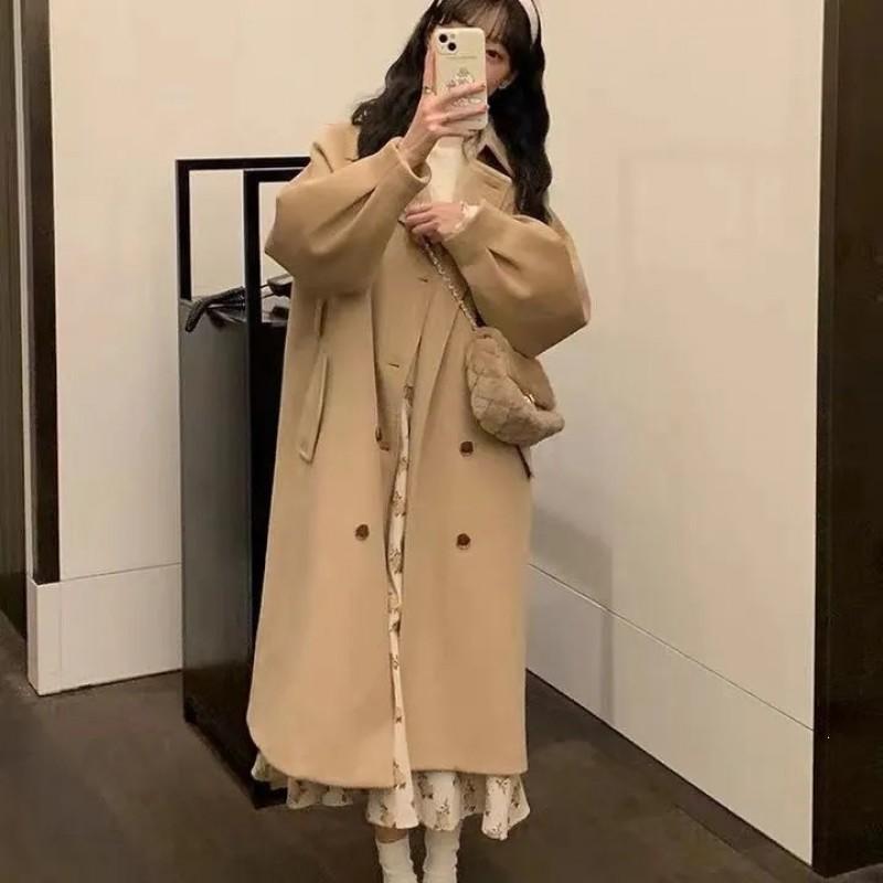 Womens Wool Blend Coat Mid-Length Loose Fit College Style Winter 2026 Double-Breasted Trench Outerwear