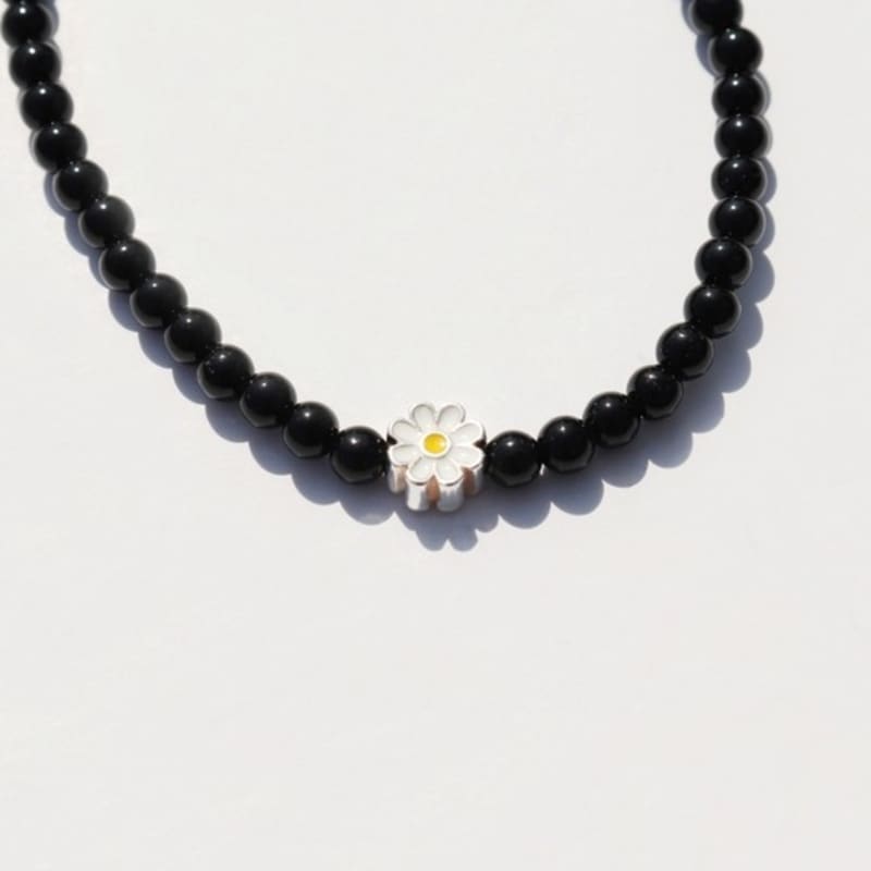 BONBEAU MY Daisy Charm Onyx Bracelet 925 Silver Daisy Charm Black Onyx Bracelet