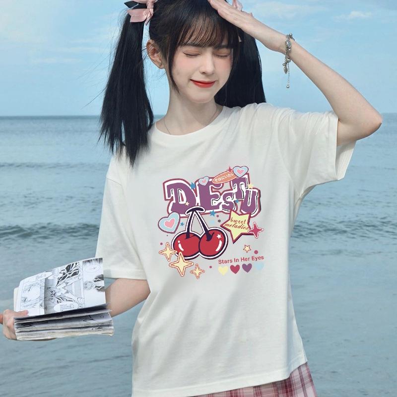 GMXIA Sommer Vintage Damen T-Shirt mit Aufdruck Reine Baumwolle Kurzarm T-Shirt Damen Ins Mode Locker Lässig mit Damenoberteil