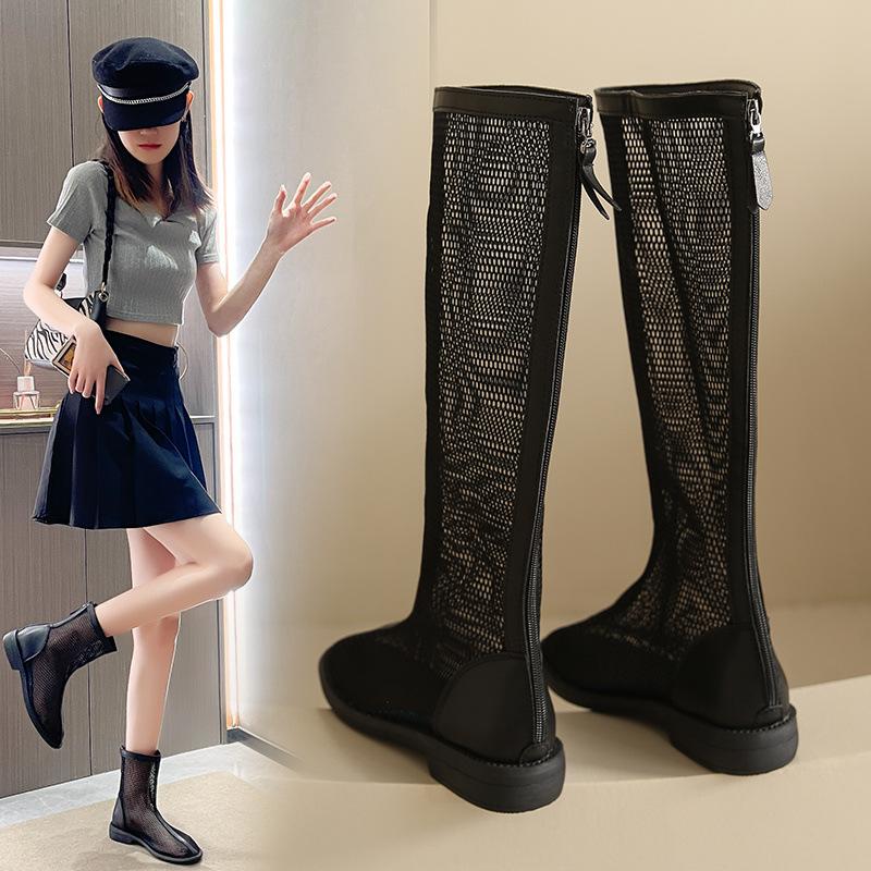Hollow Long Net Boots Women's Boots Women's Spring and Autumn Summer Boots Thin Single Boots High Tube Medium Tube Martin Boots Breathable Women's Sho