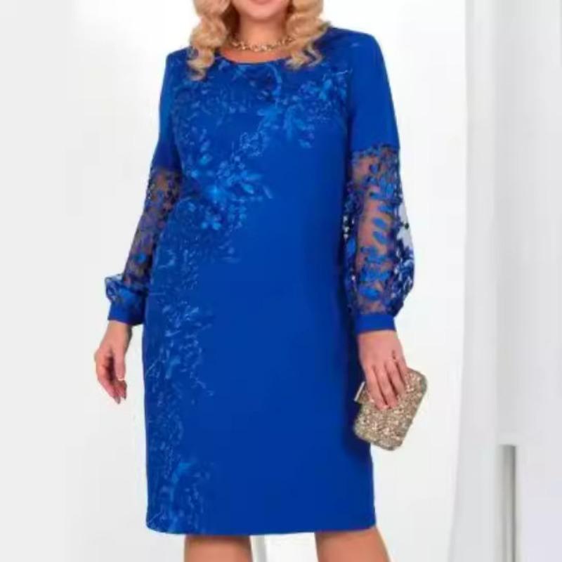 

Летнее кружевное лоскутное принтованное женское платье больших размеров с длинными рукавами 5XL синий