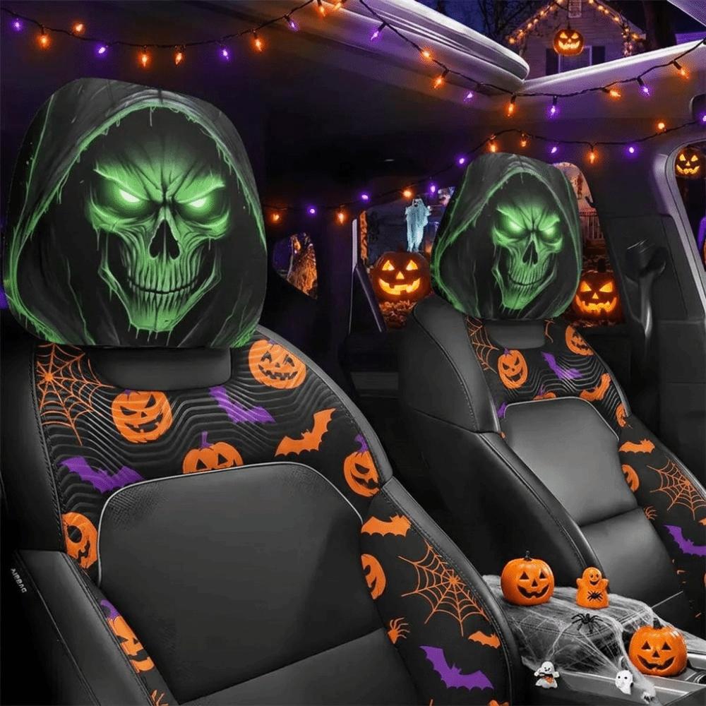2 szt. Elastyczne Pokrowce na Zagłówki Samochodu na Halloween Dekoracja Wnętrza Samochodu Pokrowiec Wnętrze Samochodu