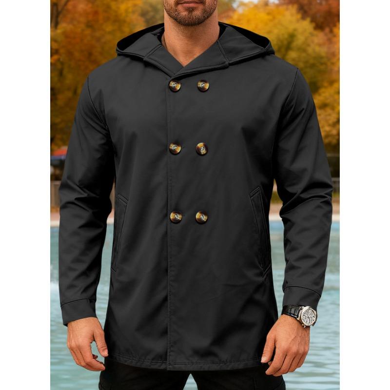 Men S Solid Color Hooded Mid Length Slim Fit Casual Trench Coat