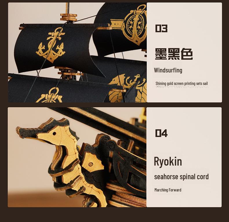 Ruoke Seahorse Sailing 3D Wooden Jigsaw Model - Creative Ornament