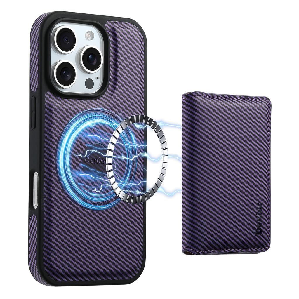 DENIOR For iPhone 16 Pro Max Magnetic Case Carbon Fiber Texture Leather Back Cover with Detachable Card Bag