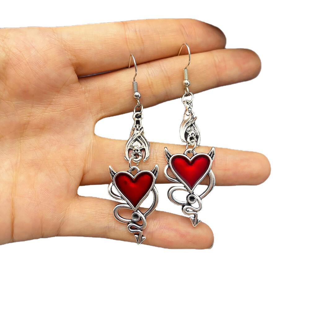 Dark Gothic Punk Bat Demon Heart Necklace & Earrings Set