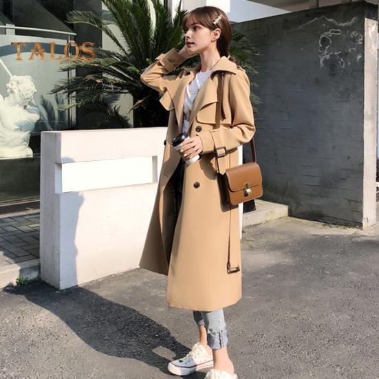 Fall Winter Women Jacket Double-breasted Buttons Solid Color Turn-down Collar with Belt Mid Length Windproof Outdoor Overcoat