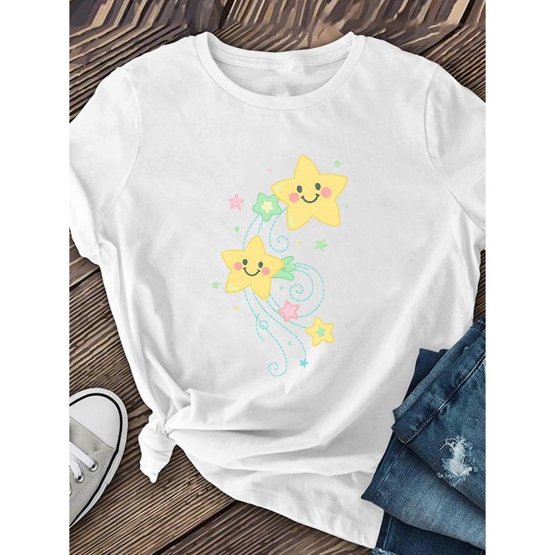 Women'S "Flying Smiling Face Stars" Print Short Sleeve T-shirt | Fashionable Casual Style, Soft and Breathable, Medium Elasticity, Machine Washable,