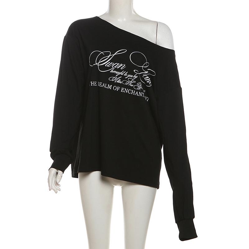 2025 Women's Summer One-Shoulder Loose T-Shirt with Letter Print