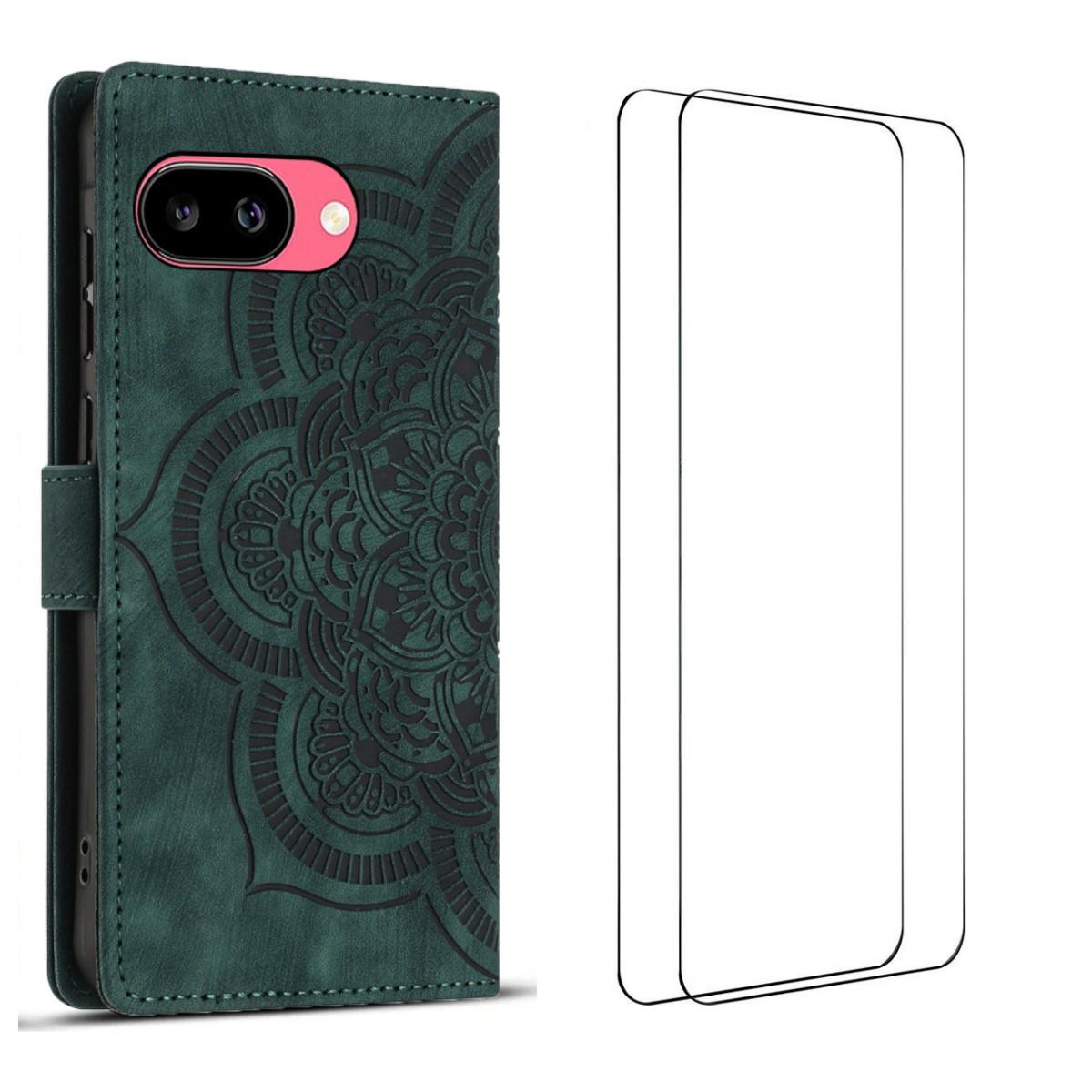 

For Google Pixel 9a Case with 2Pcs Tempered Glass WANLONFENG MTL Series Mandala Leather Phone Cover Midnight Green