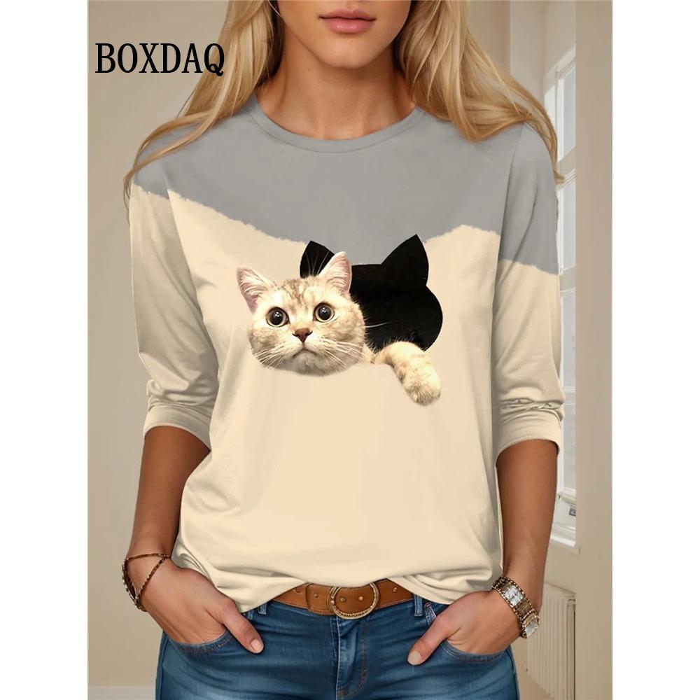 Contrast Color Classic Black White Cat Print T Shirt Women Cute Fashion Long Sleeve Tops Oversized Casual Streetwear Loose Shirt