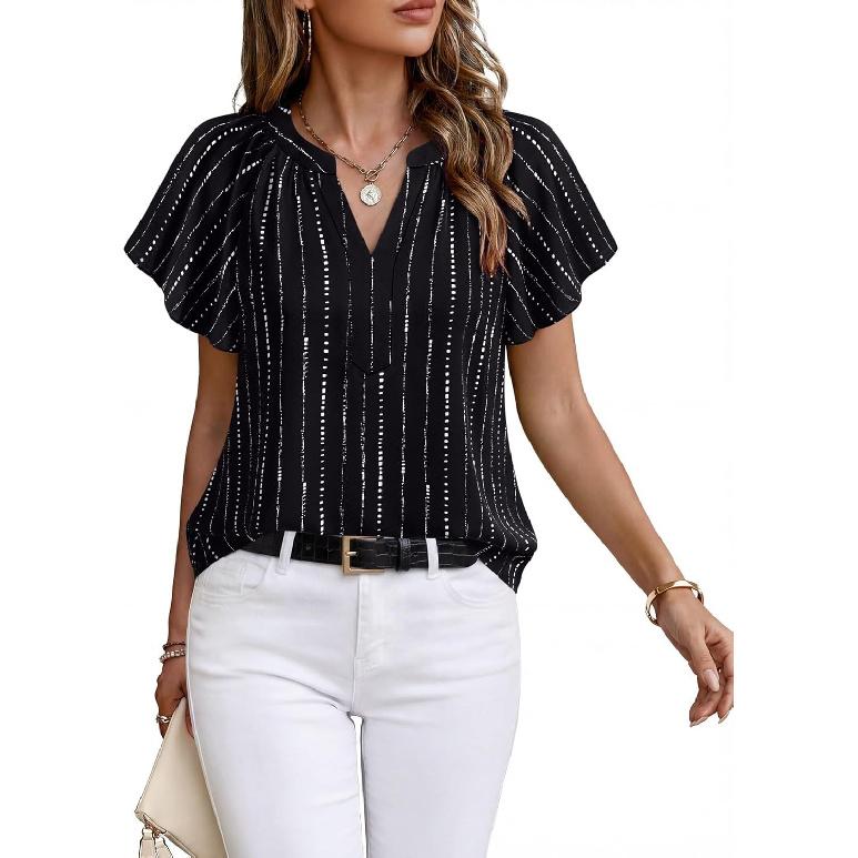 2026 Summer New Women s Chiffon V-Neck Short Sleeve Casual Breathable Top M чёрный