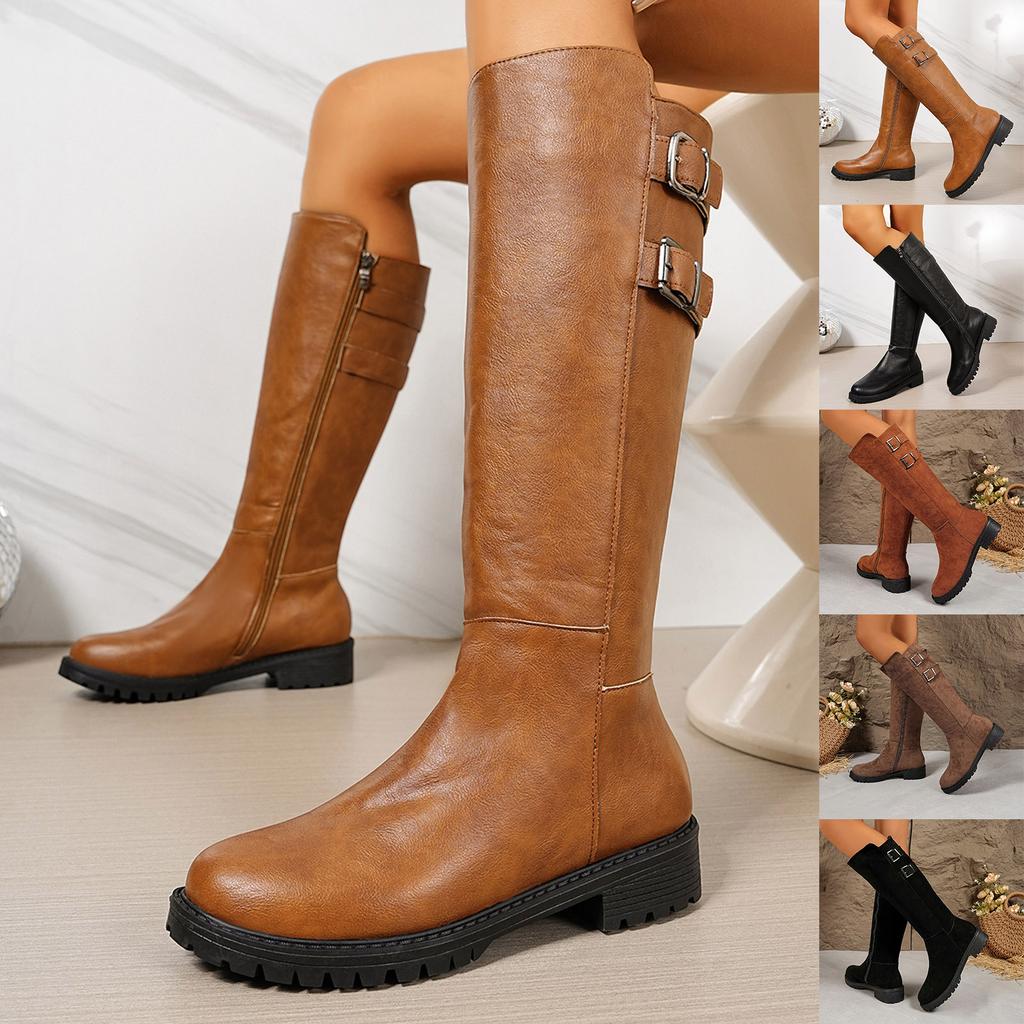 Stivali Lunghi da Donna con Suola Spessa, Punta Tonda, in Pelle Scamosciata, alla Moda e Casual, con Zip Laterale, fino al Ginocchio, Taglia 8