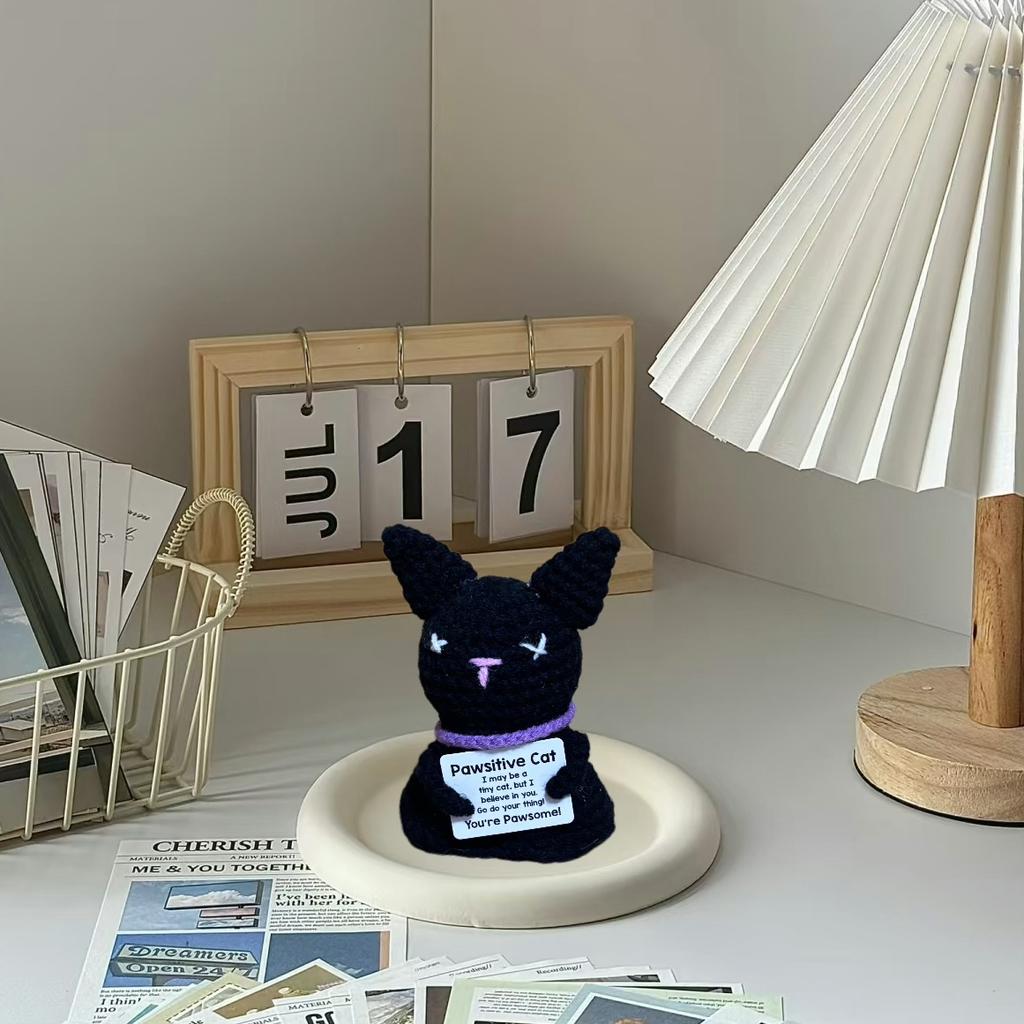 Crochet Emotional Support Cat Ghost Halloween Gifts Desktop Ornament Handmade Knitted Black Cat Doll With Card Home Room Decor