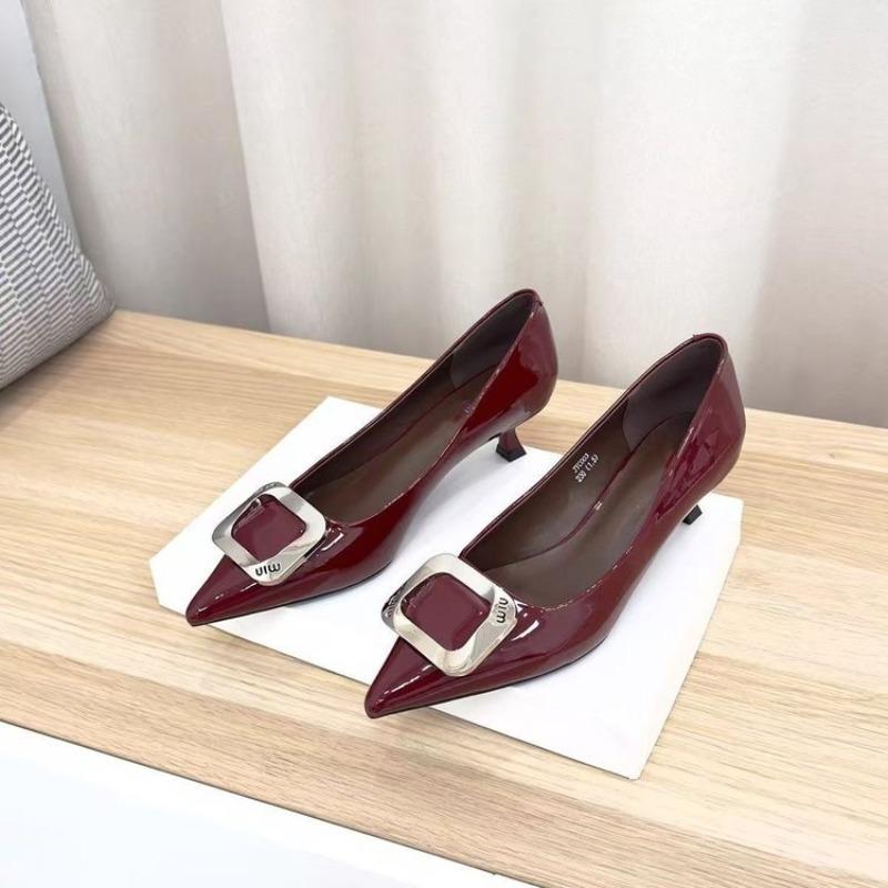 Black commuter professional pointed head thin heel light mouth single shoes nude square buckle patent leather high heels women's new models