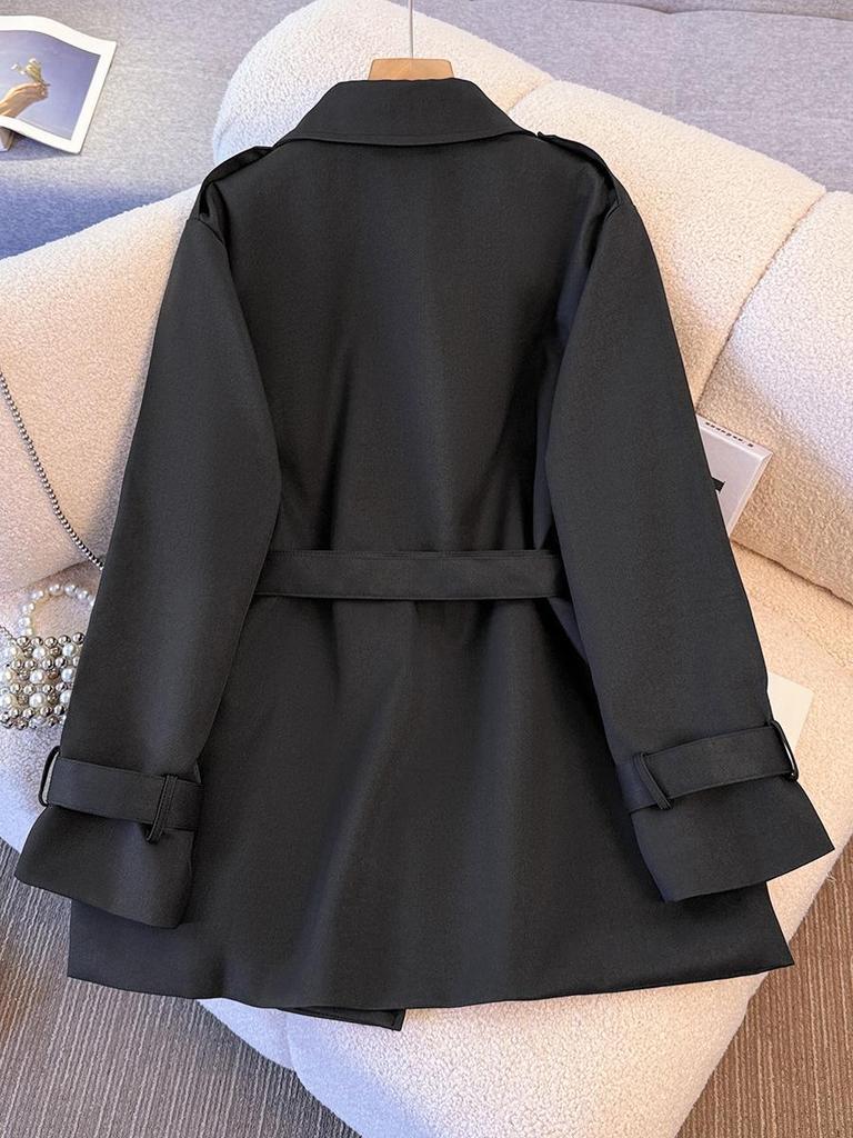 Plus Size British Style Mid-Length Trench Coat for Women, Waist-Cinched for a High-End Feel, Fits 130-350 lbs, Spring to Winter Fashion.