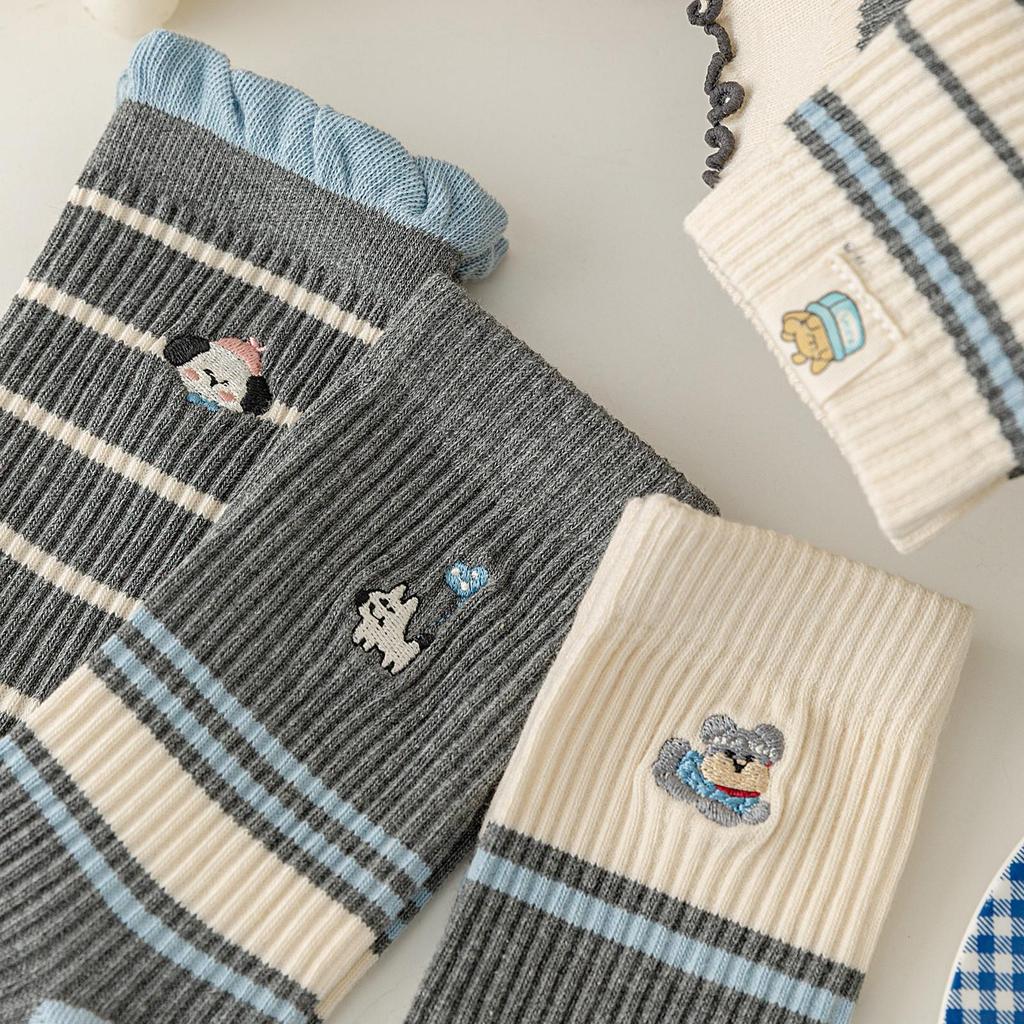 Women's Autumn/Winter Cute Puppy Mid-Calf Socks, Korean & Japanese Style, Color Block, Striped & Warm