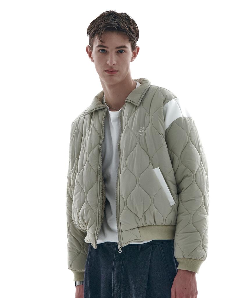 Place Studio Oversized Quilted Contrast Collar Varsity Jacket Padded Jumper [Beige]